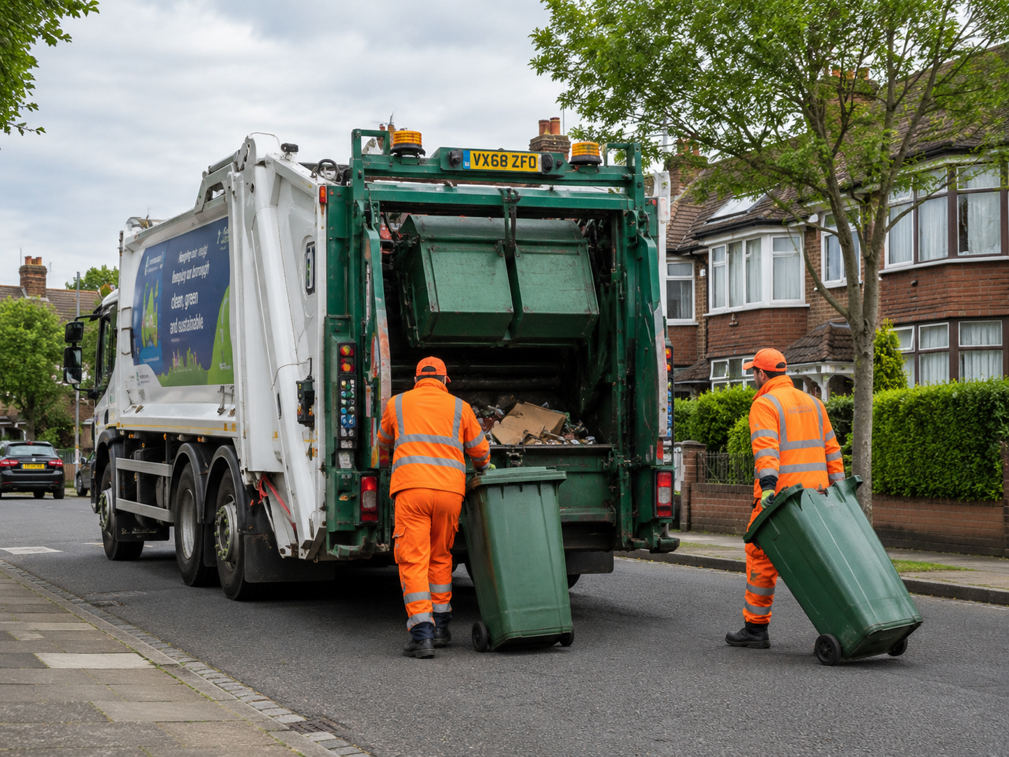 Waste collection crew loading bins into a refuse truck on a residential street